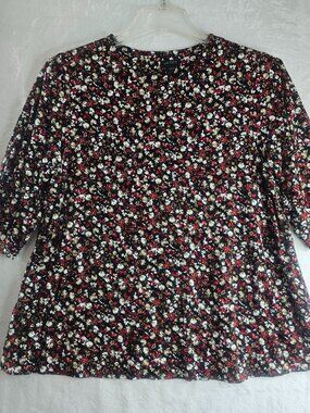 J. Jill Women Blouse Top Ditsy Floral Size XL Black Background Round Neck